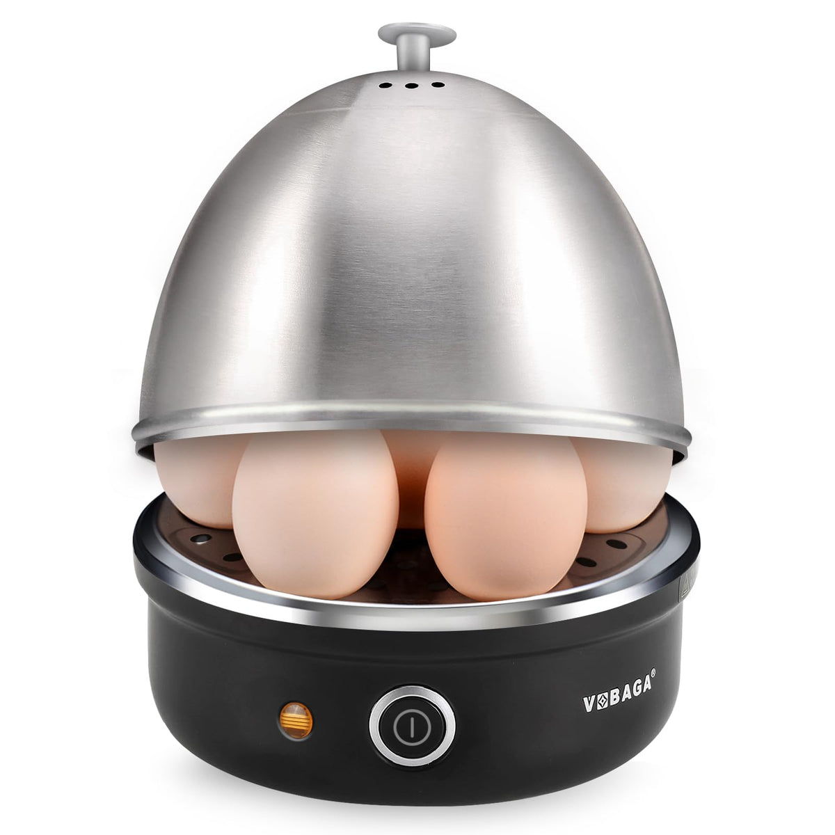 VOBAGA electric egg cooker top view with compact stainless steel body