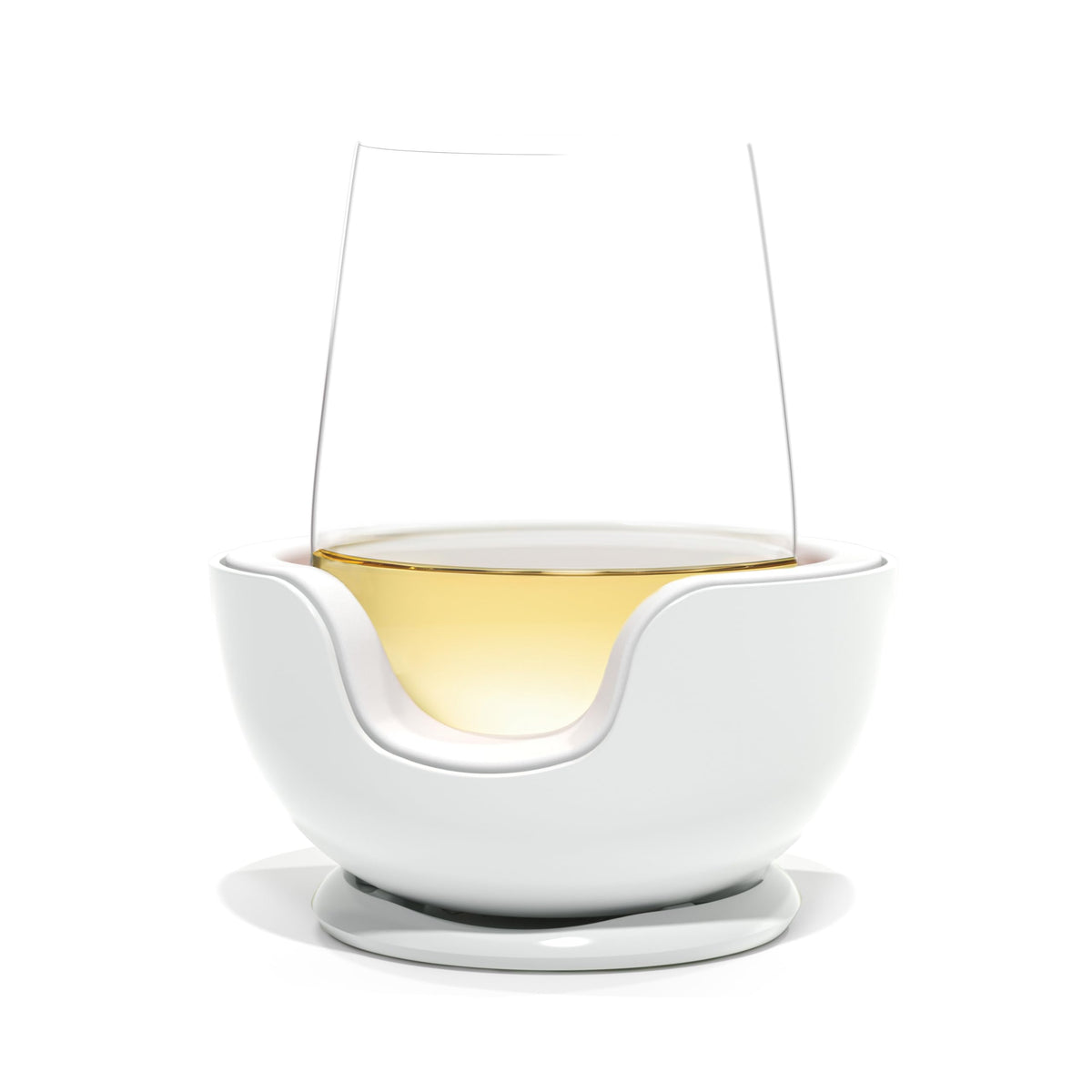 VoChill stemless glass chiller in use, preserving wine chill.