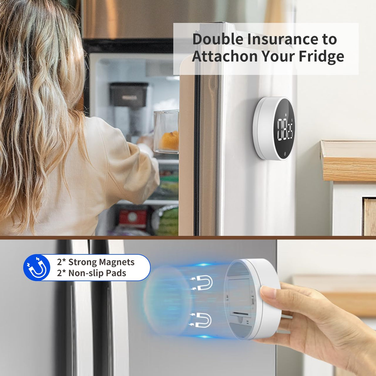 VOCOO timer magnetic back sticks firmly to metal surfaces.