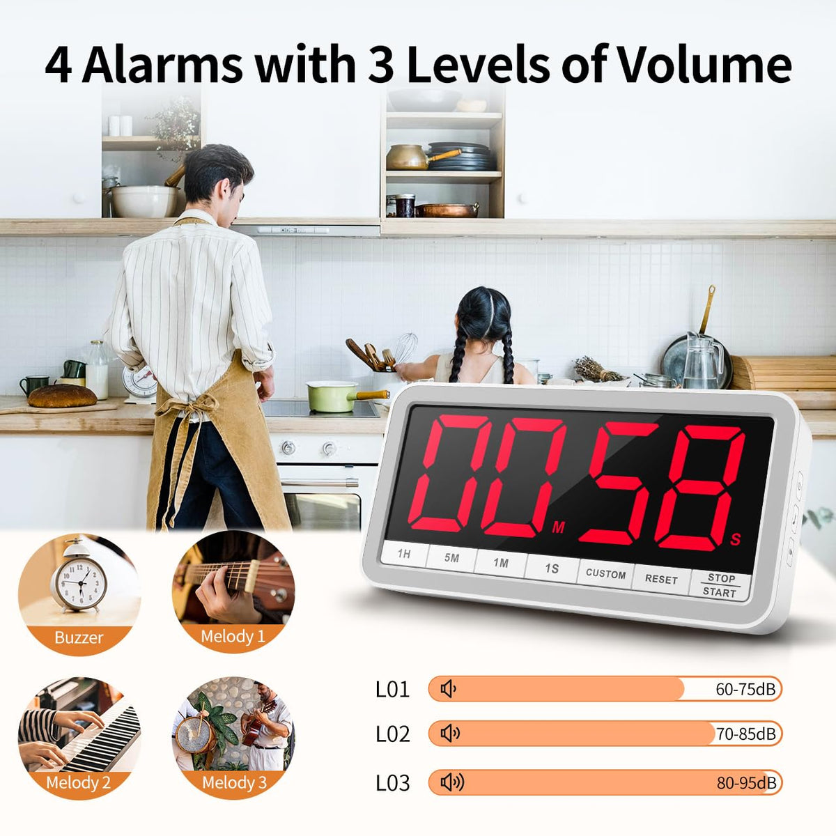 VOCOO timer with four alarms to match study, cook, or workouts.