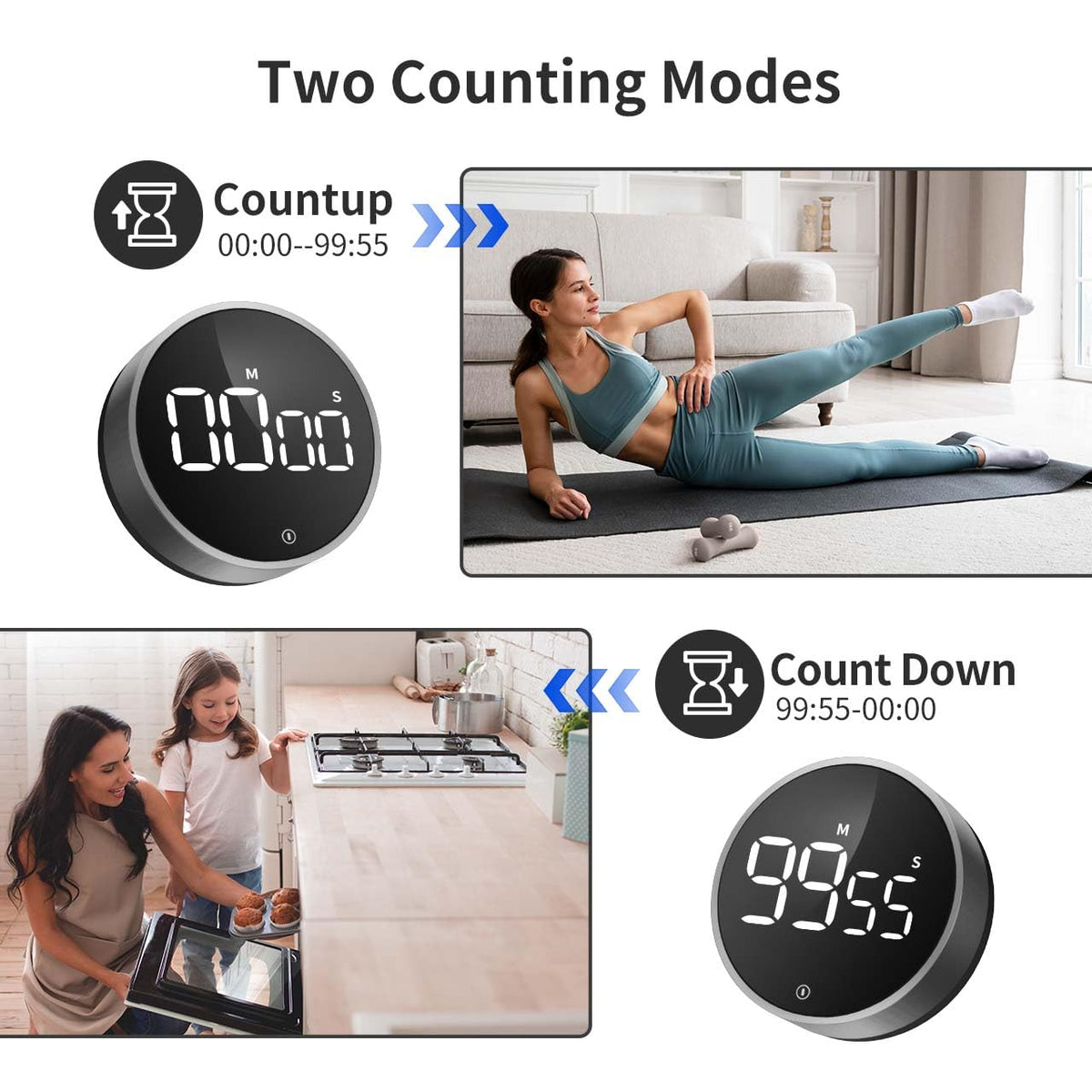 VOCOO timer offers loud, soft, and silent modes for different spaces.