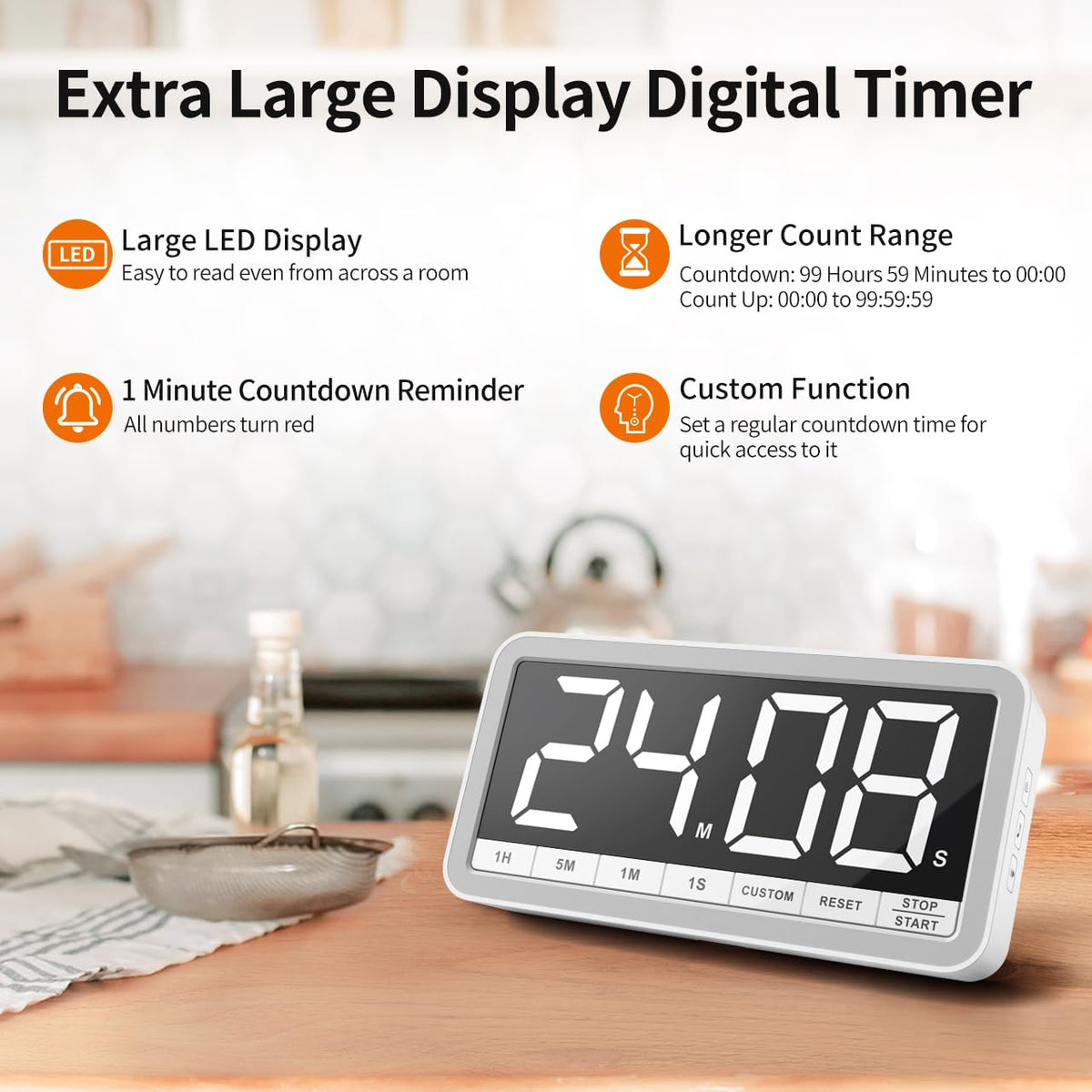 VOCOO digital timer magnetic back for fridge mounting and easy placement.