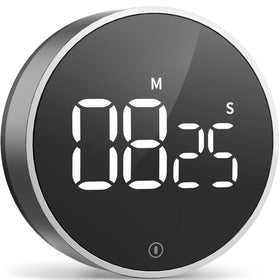 VOCOO digital timer with magnetic back attached to a fridge for convenient hands-free use.