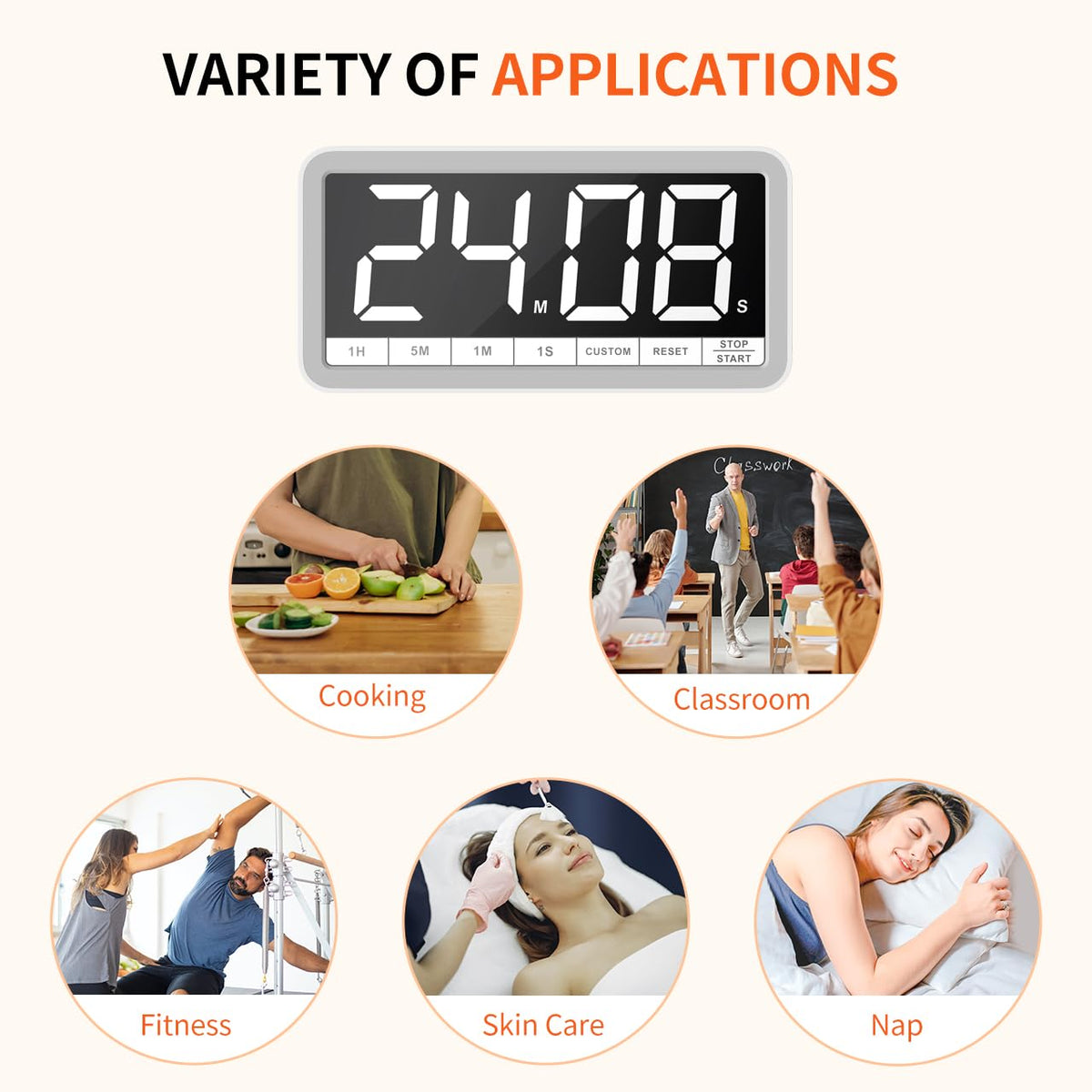 VOCOO timer offers versatile placement: magnet, stand, or hanging hole.