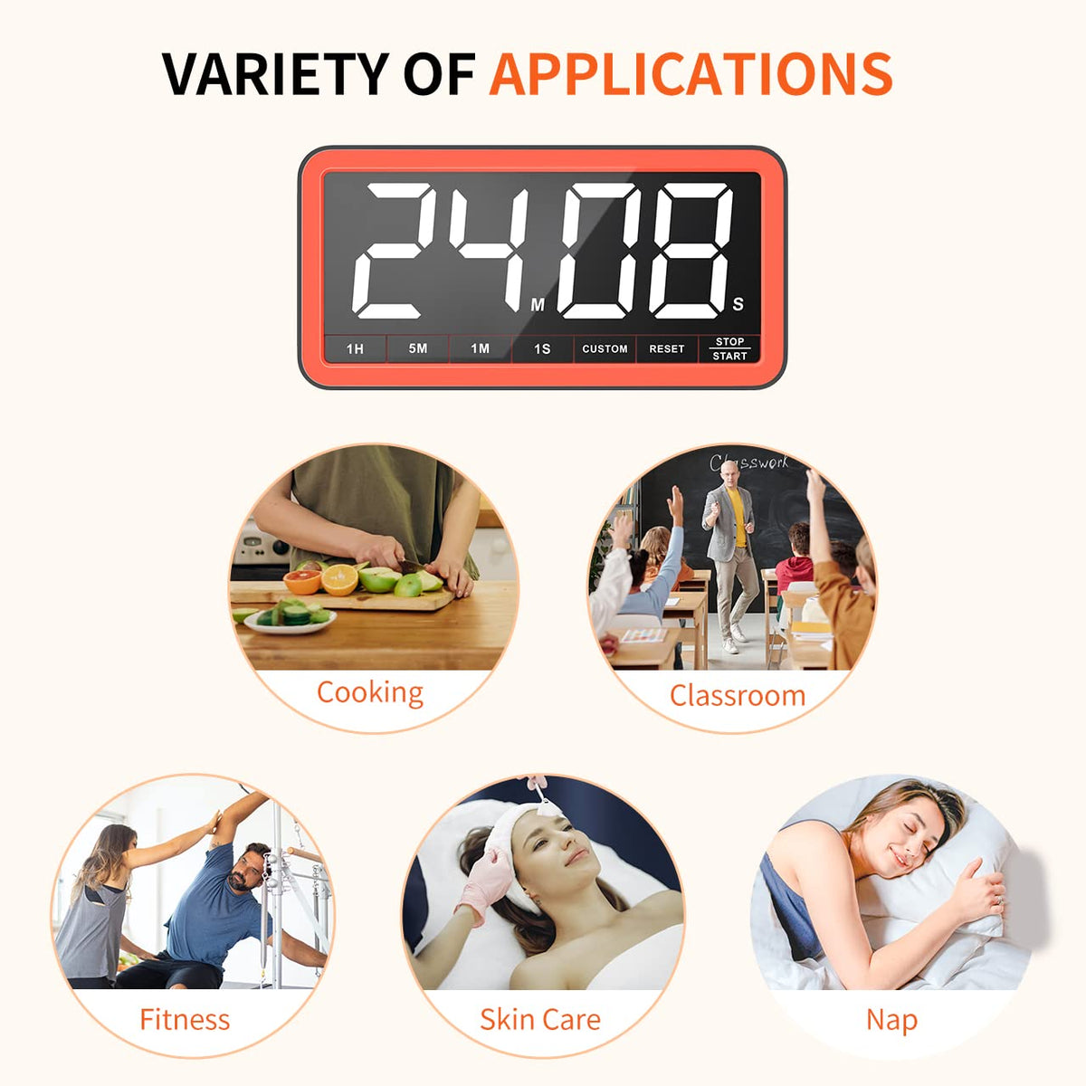 VOCOO timer with stand and hanging hole for flexible placement.