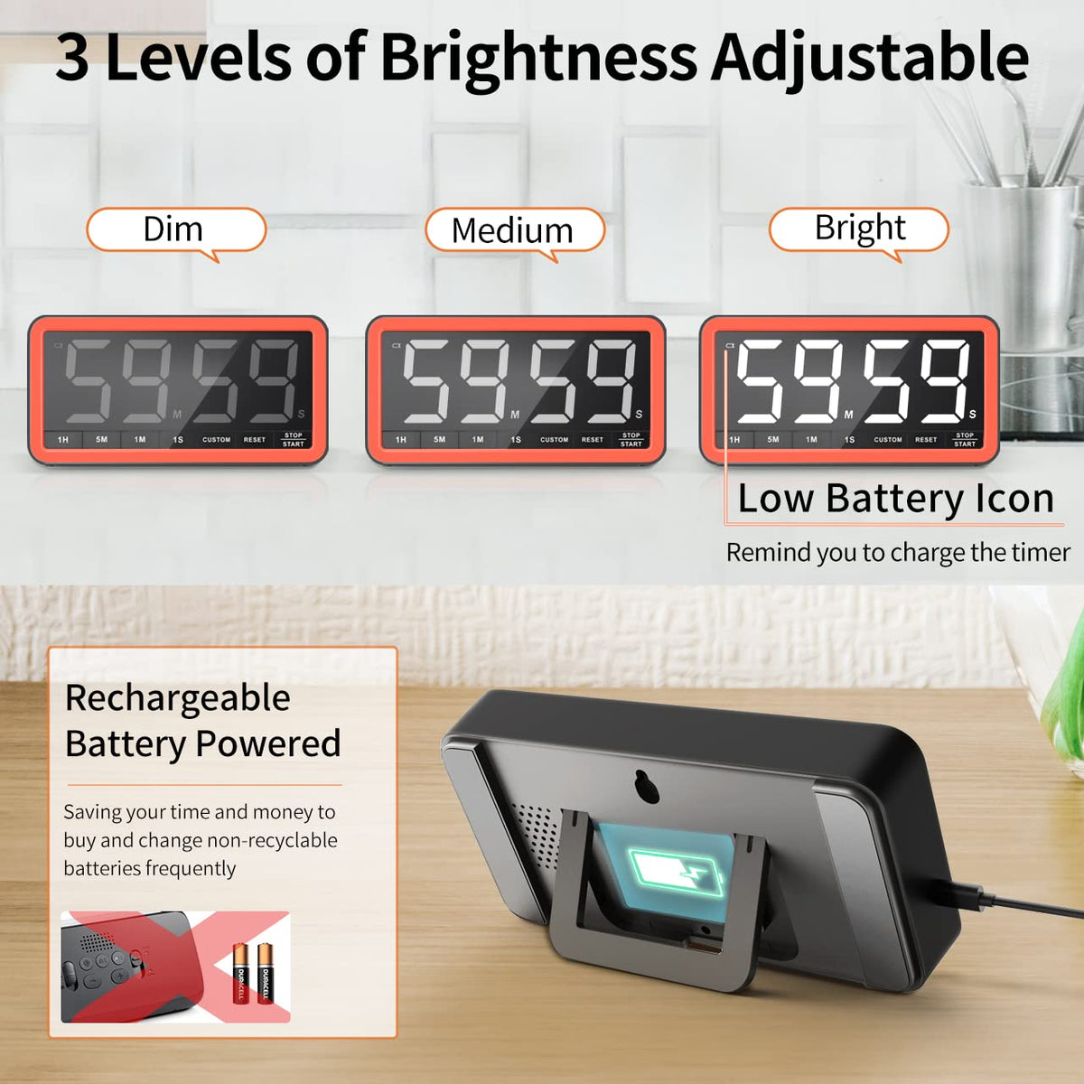 VOCOO timer with USB-C charging for simple power and long use.