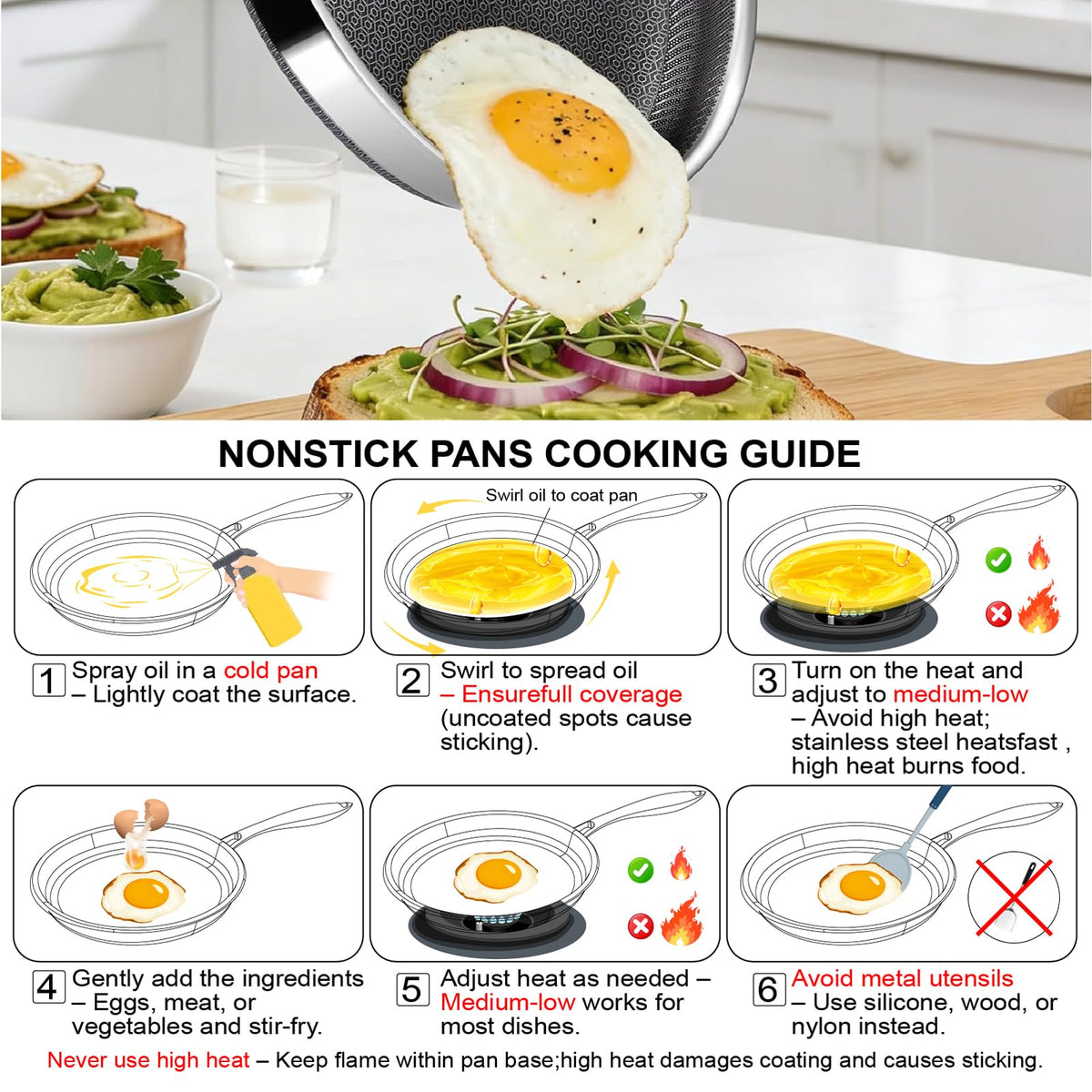 Vocvee all-cooktops compatible pan usable on gas, electric, ceramic, or induction