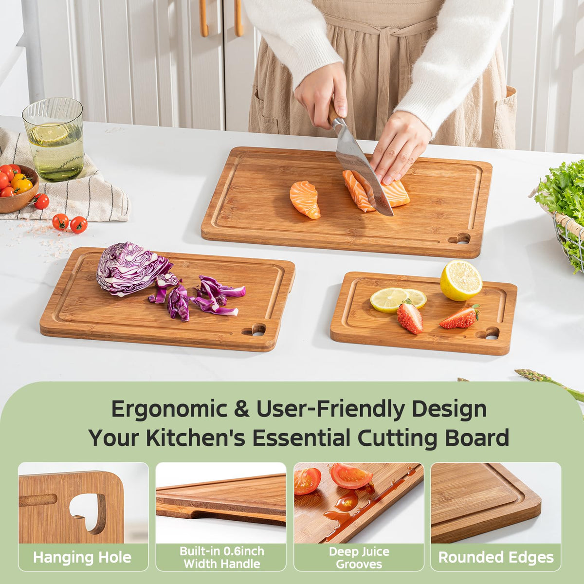Vocvee bamboo cutting boards with built-in handles for easy lifting