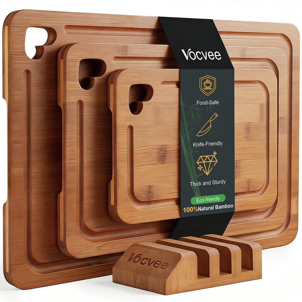 Vocvee bamboo cutting boards set with three sizes for versatile meal prep and serving