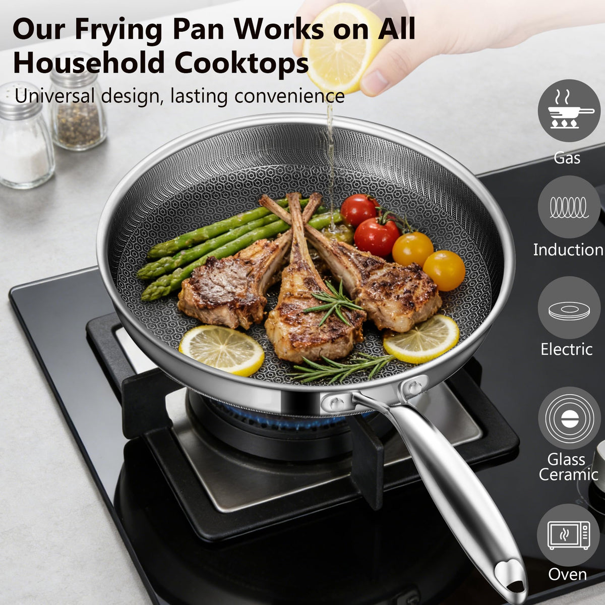 Vocvee tri-ply stainless steel pan heats evenly for browning