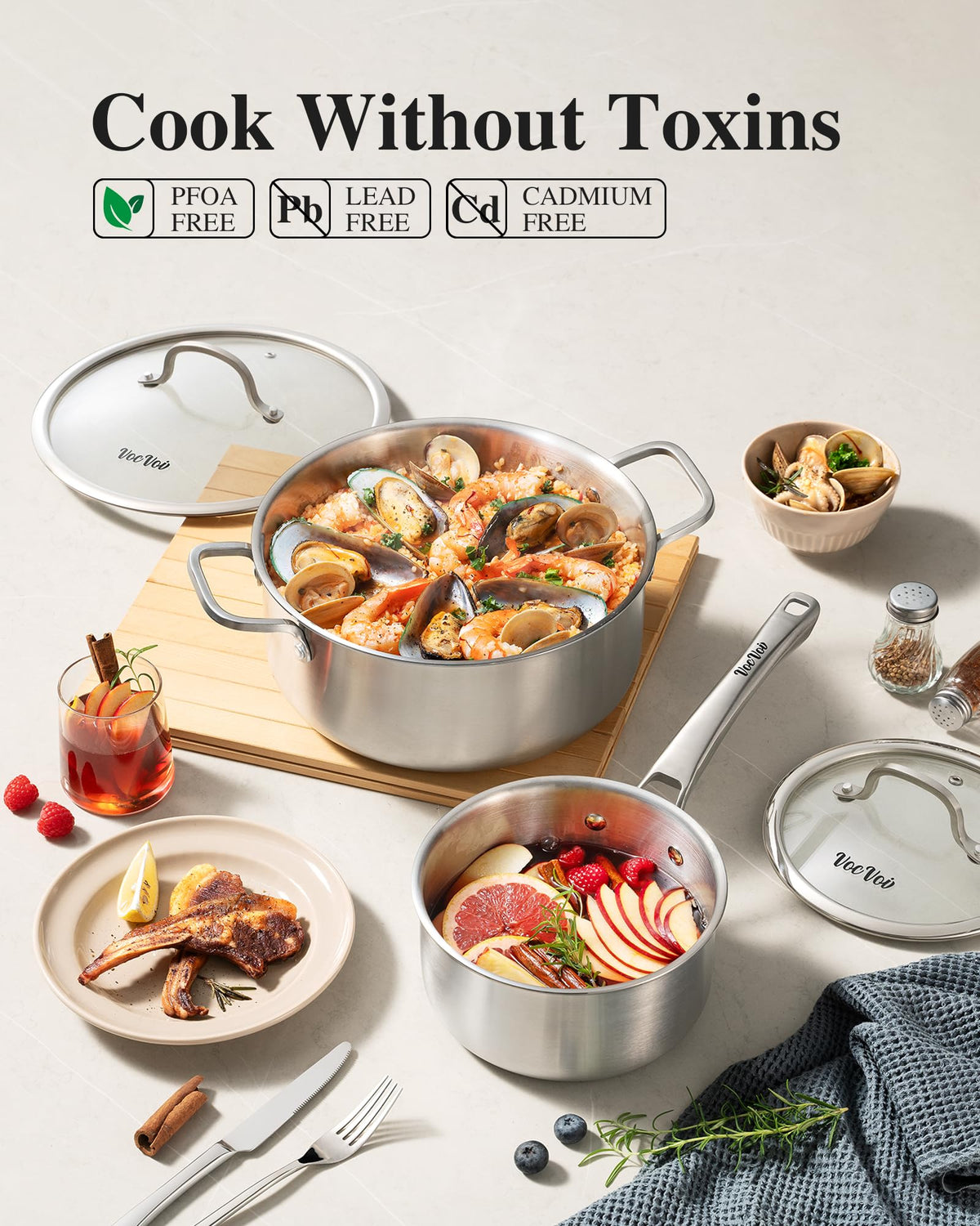 VocVoi dishwasher-safe stainless pan easy cleaning after cooking.