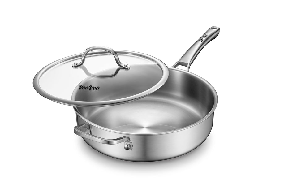 VocVoi Saute Pan with lid on delivers even heat for versatile cooking.