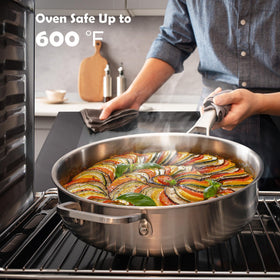 VocVoi stainless steel pan handle close-up showing ergonomic grip.