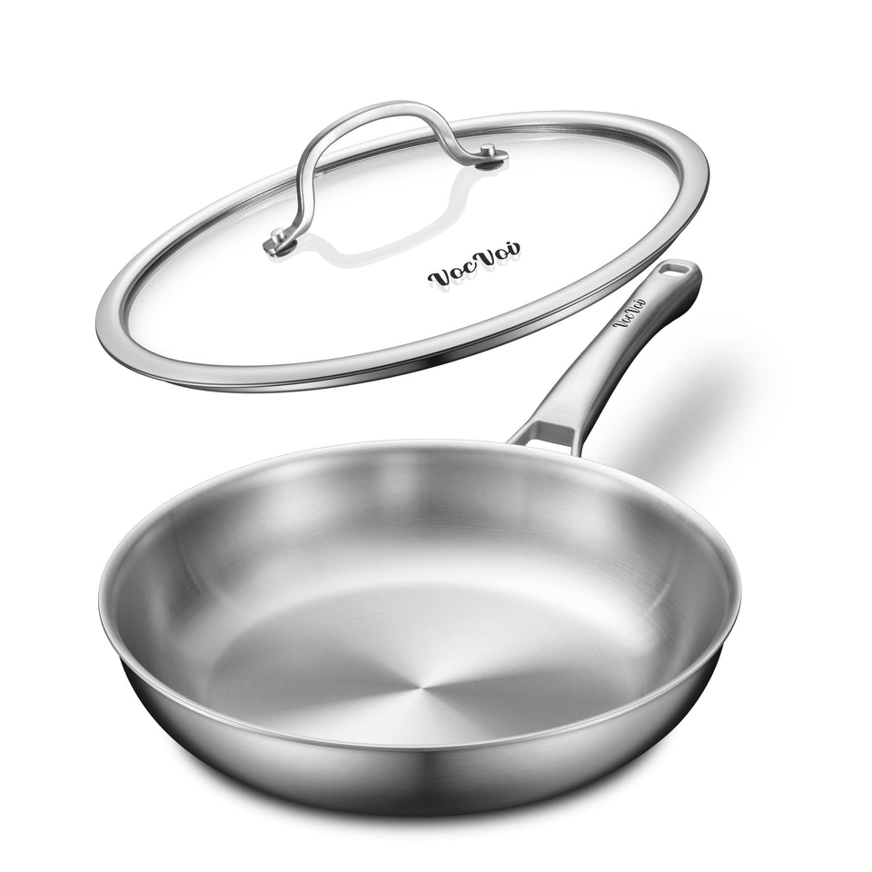 VocVoi tri-ply stainless pan front view highlights durable construction for even heat distribution.
