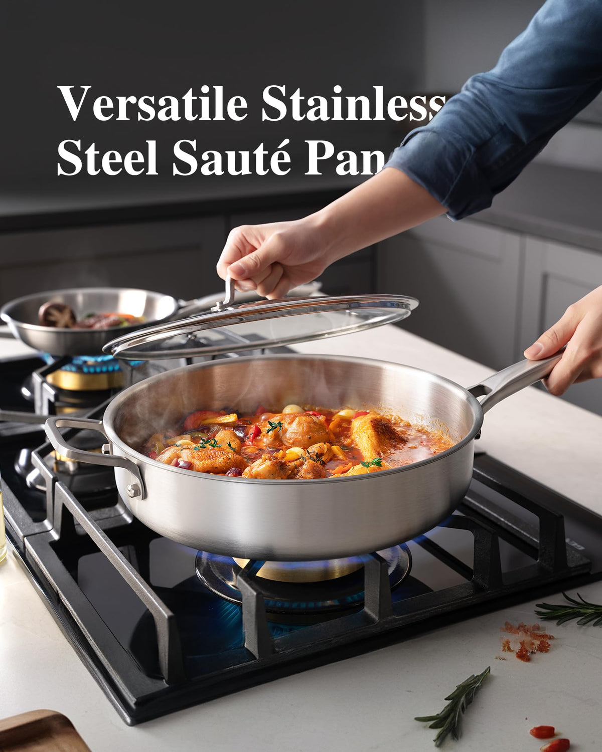 VocVoi pan sautéing vegetables for vibrant color and even browning.