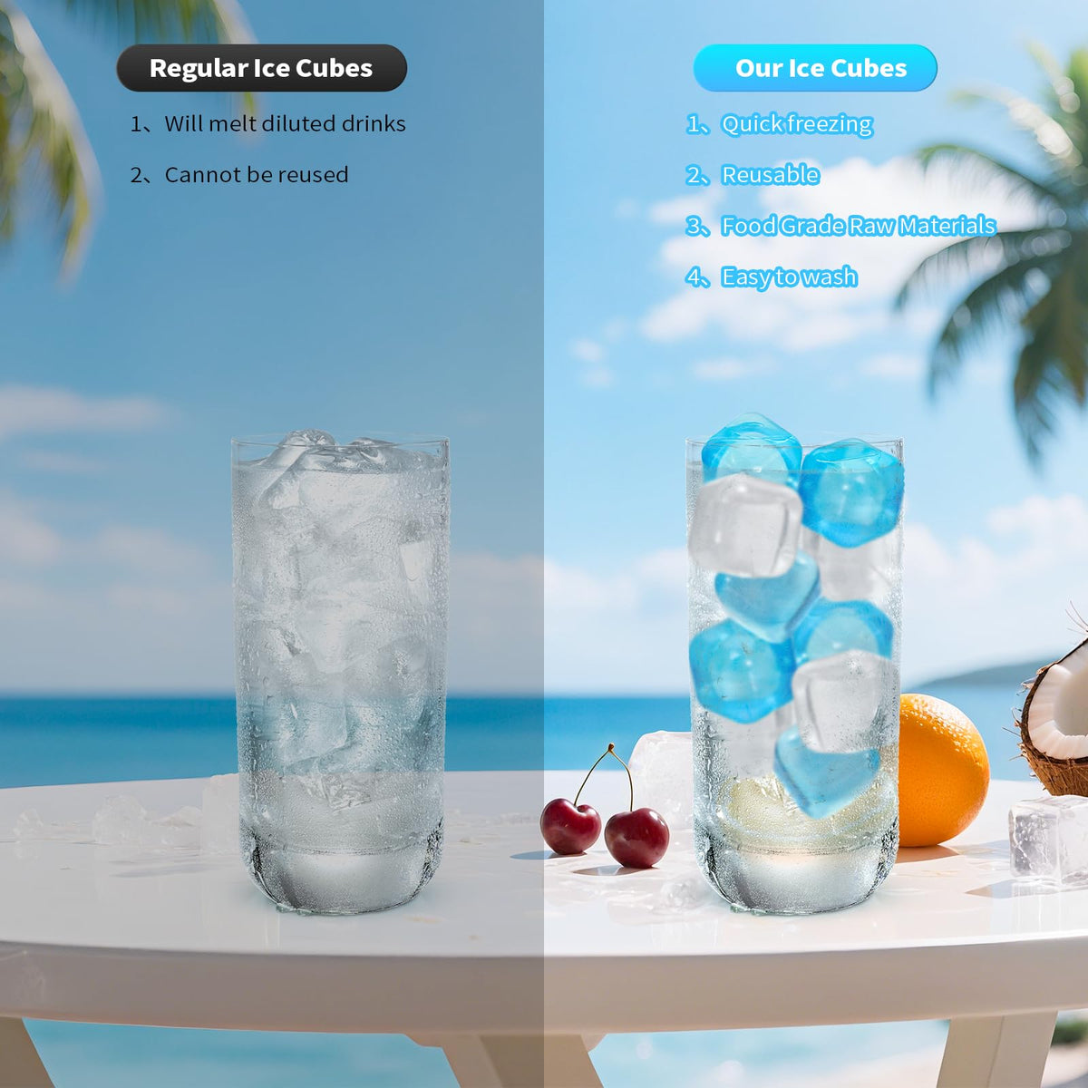 VOGVOG plastic ice cubes for bars and parties in blue and clear.