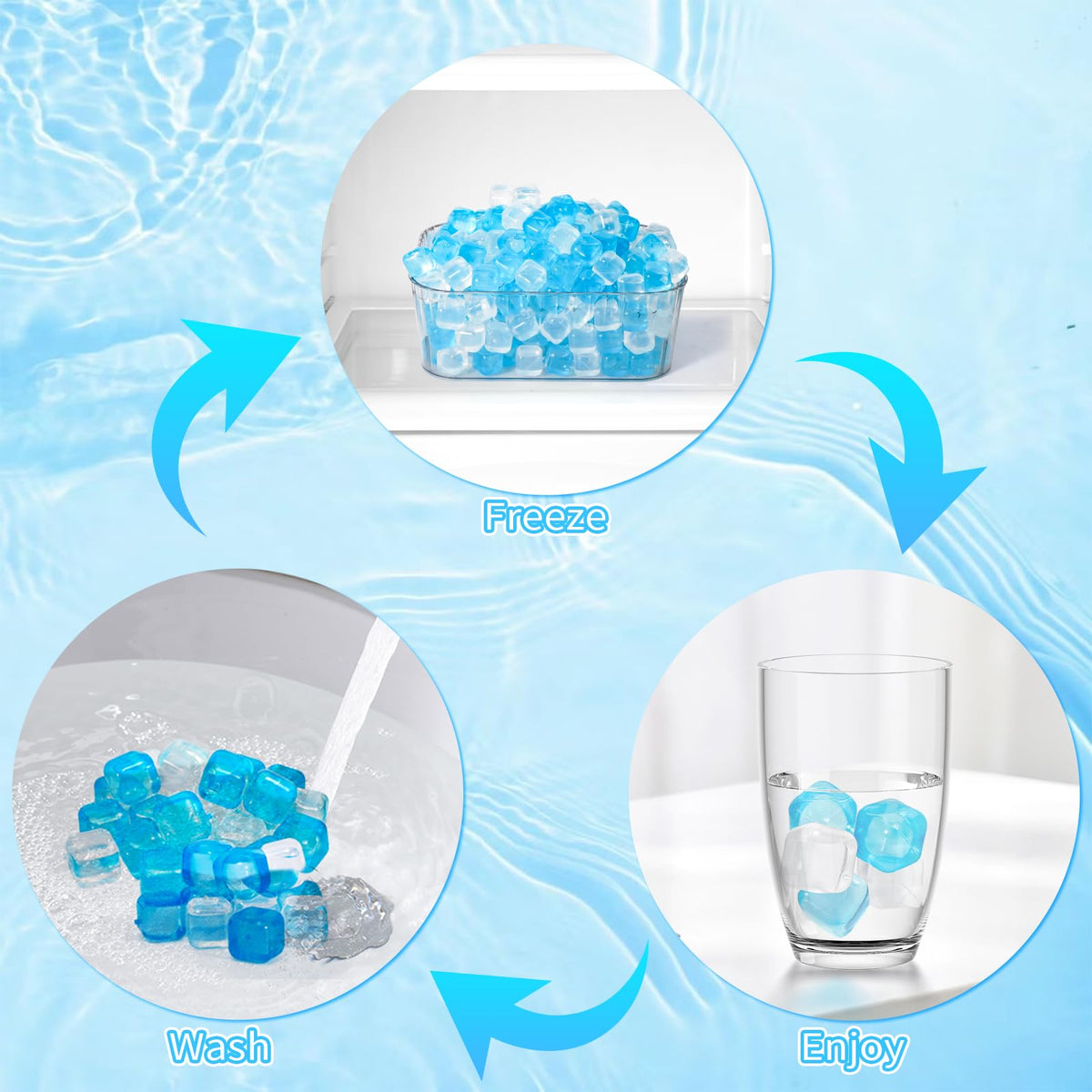 VOGVOG refreezable ice bath cubes in blue translucent for cold therapy.