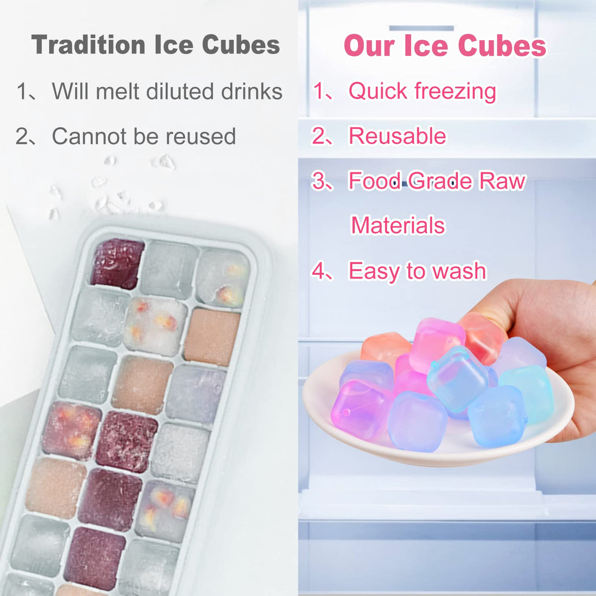 VOGVOG BPA-free plastic ice cubes in a tray, safe and reusable cooling option