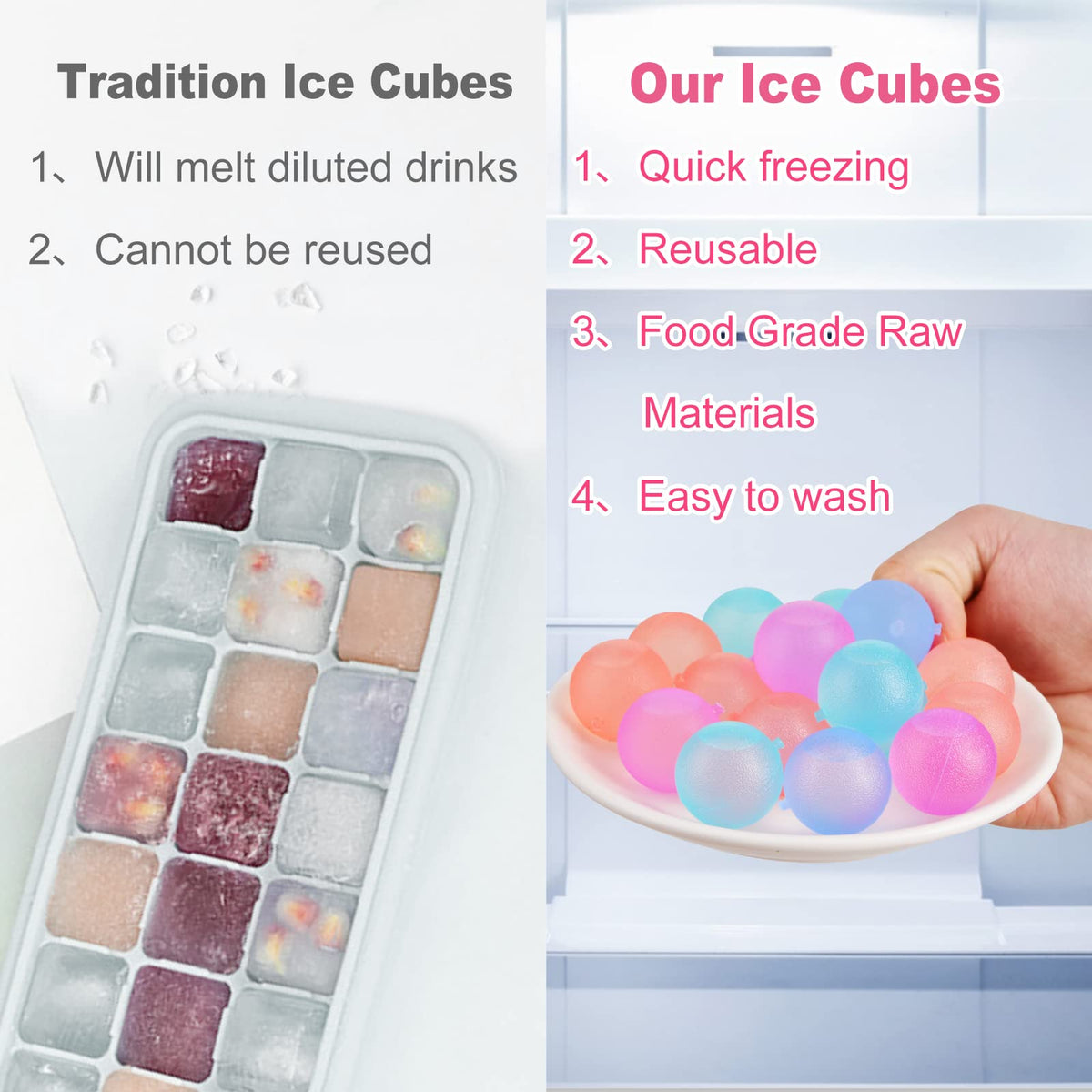 VOGVOG refreezable round ice cubes keep beverages colder longer.