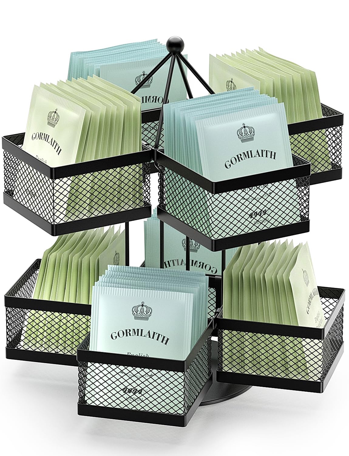 VOGWOLTH tea bag carousel stand displaying 96 bags for easy countertop access.