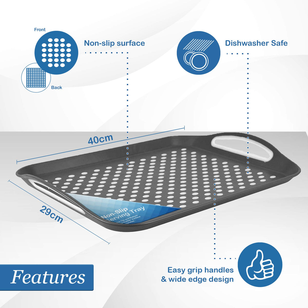 Volila tray with comfortable handles for easy transport.