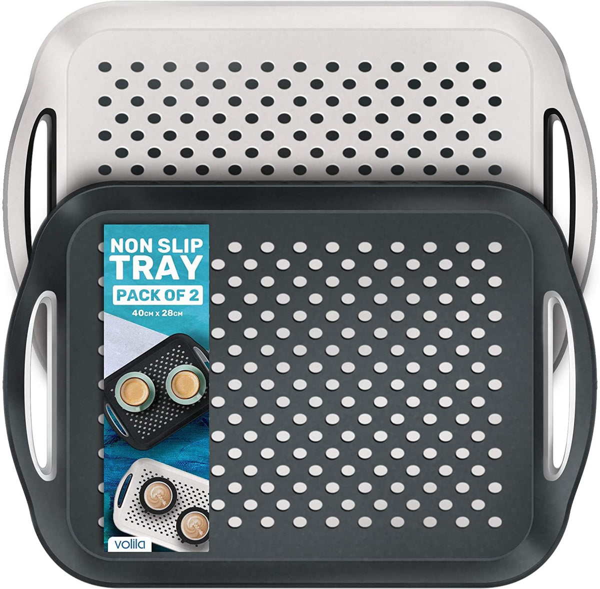 Volila non-slip dotted surface tray stabilizes plates during couch dining.