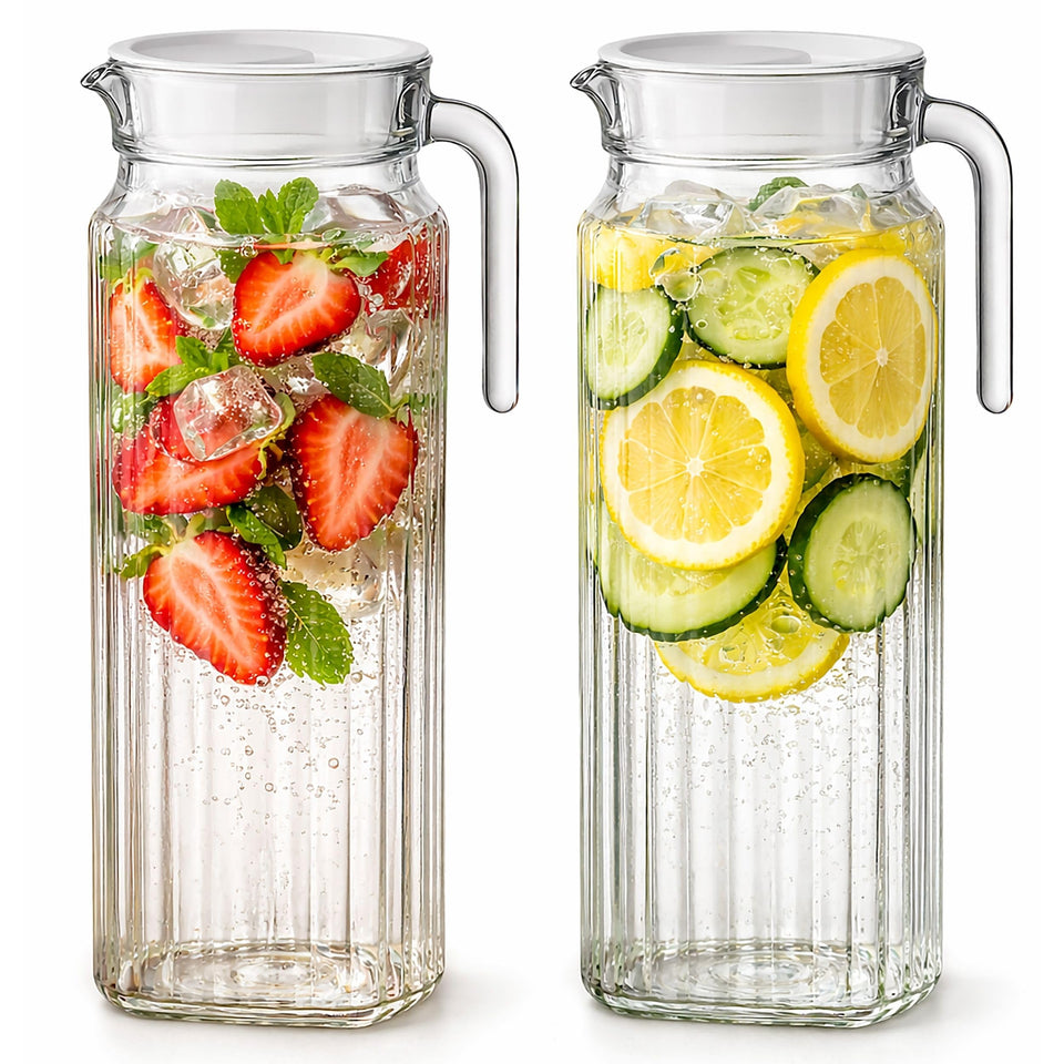 Volila glass pitcher with lid and handle, 34oz, easy pouring for family meals.