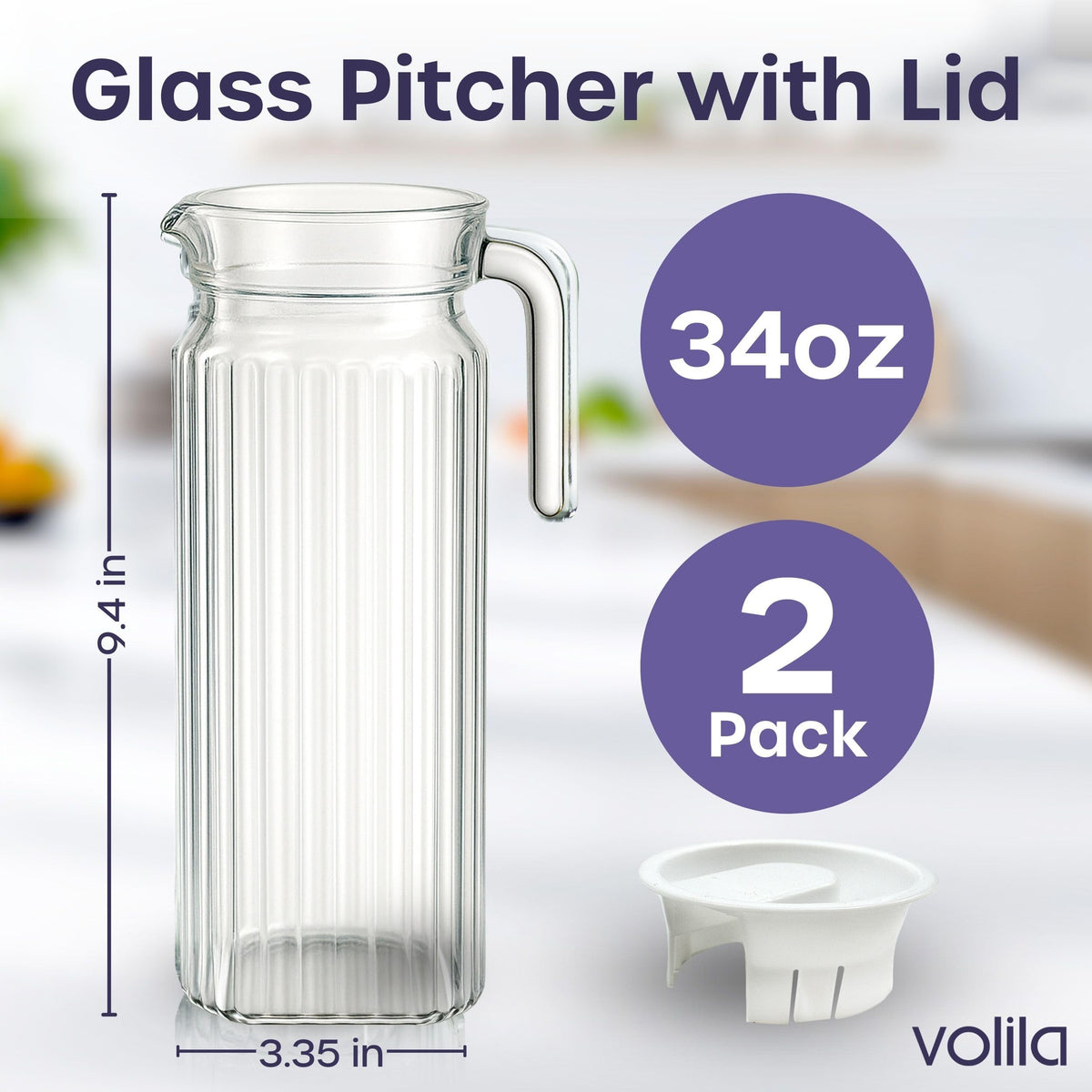 Volila glass pitcher with lid and handle, 34oz, perfect for serving water and juice.