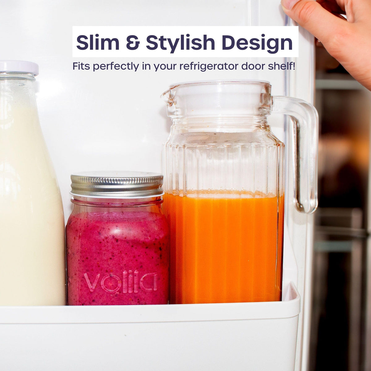 Volila pitcher in fridge-door storage showcases a slim, space-saving kitchen essential.