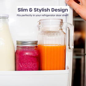 Volila pitcher in fridge-door storage showcases a slim, space-saving kitchen essential.