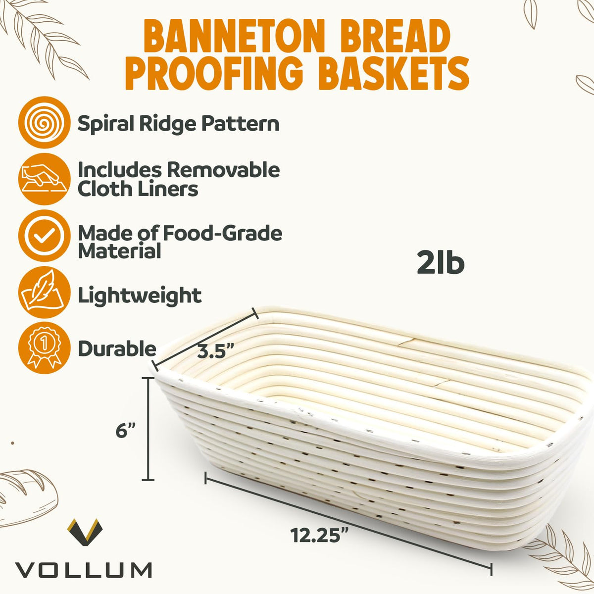 Vollum Banneton linen liner removable to prevent sticking and ease transfer