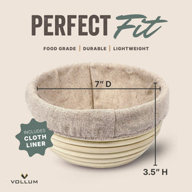 Vollum banneton linen liner removable enables easy dough transfer.