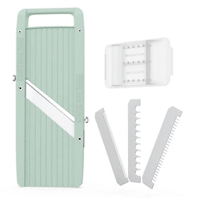 Vollum mandoline blade set shows three interchangeable blades for versatile textures.