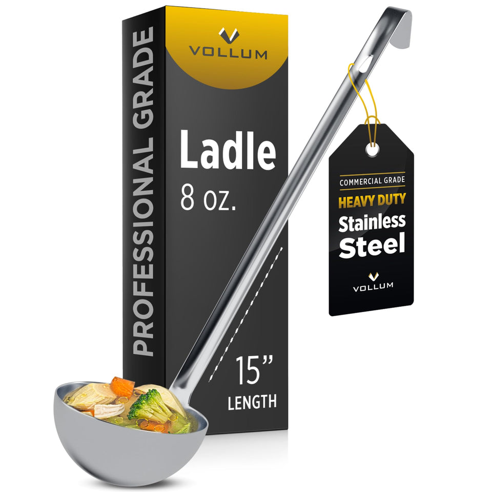 Vollum 8-ounce ladle bowl in polished stainless steel for heavy-duty use.