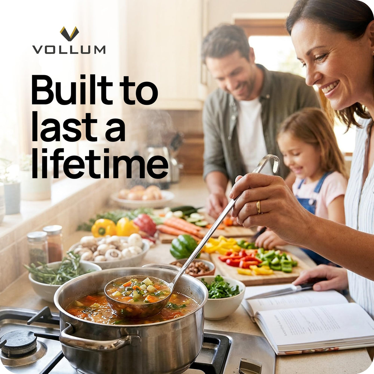 Vollum hang-hole design keeps ladle ready for overhead storage.