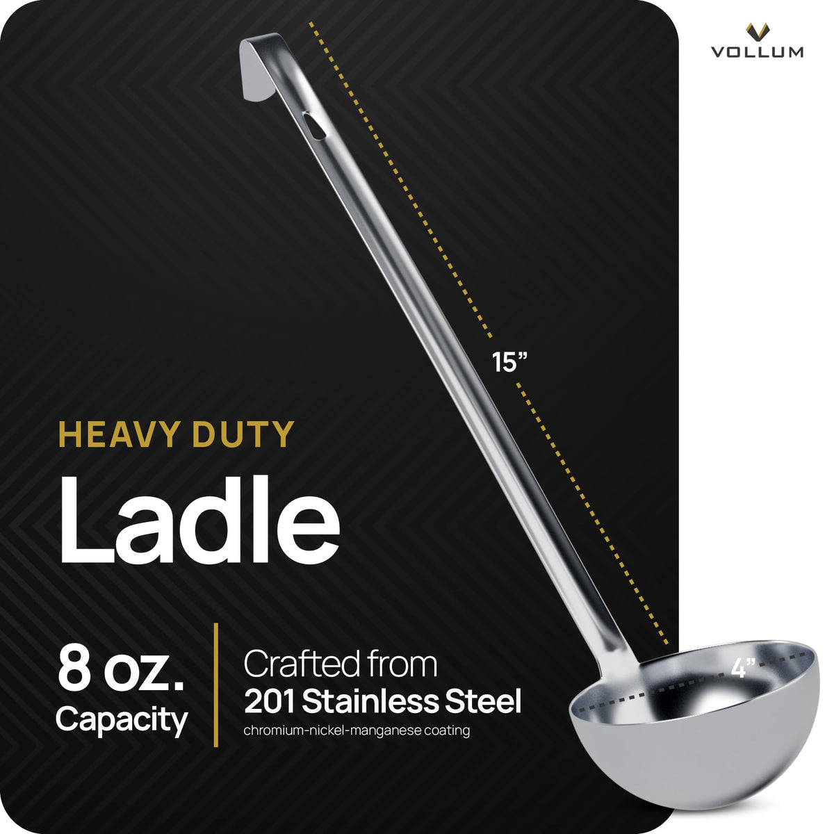 Vollum one-piece construction ladle offers seamless strength for commercial kitchens.