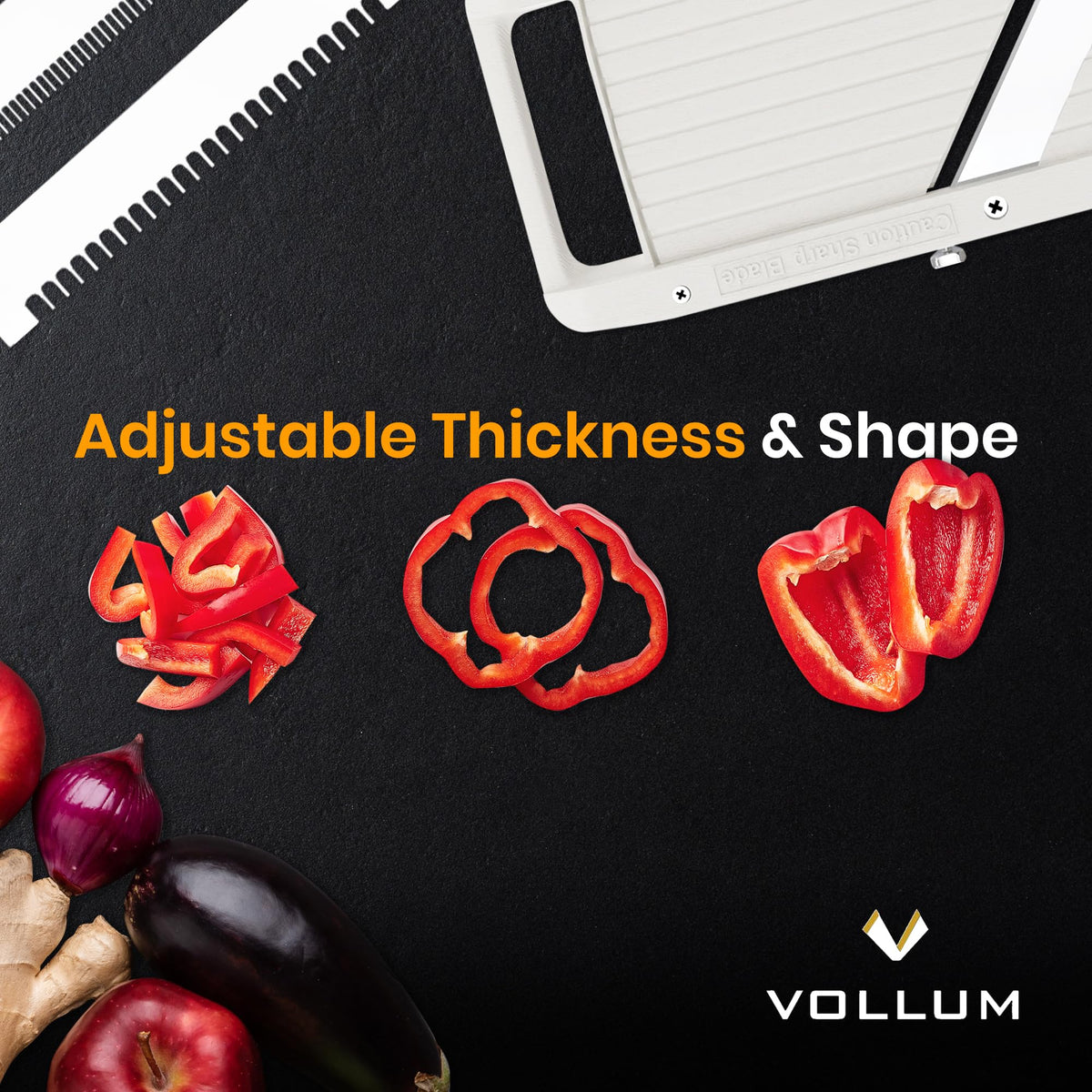 Vollum wide mandoline slicing a potato into uniform thin slices