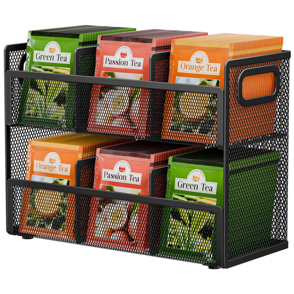 Volmop tea bag organizer on counter with two-tier design keeps bags neatly organized