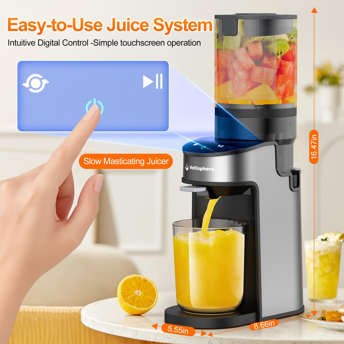 Voltisphere CFR637 with 7-stage screw drill for efficient juice extraction.