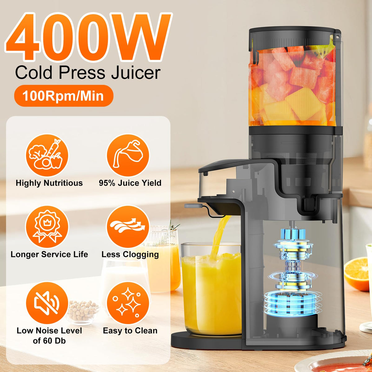 Voltisphere CFR637 juicer in action delivering fresh juice with minimal foam.