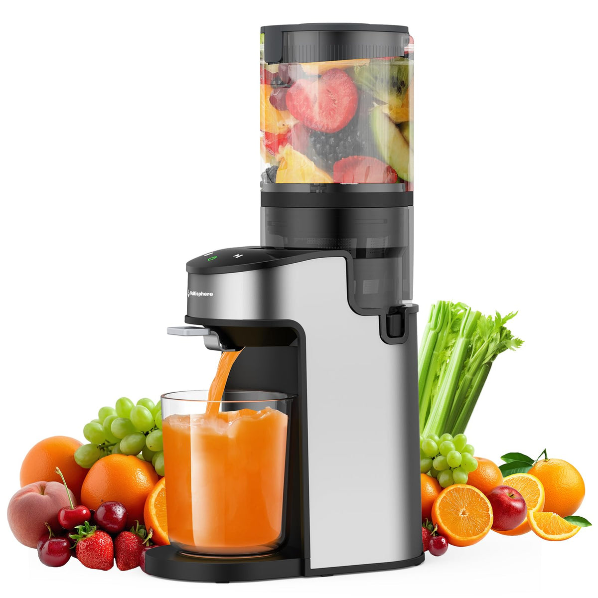 Voltisphere CFR637 juicer with wide feed chute for quick ingredient processing.