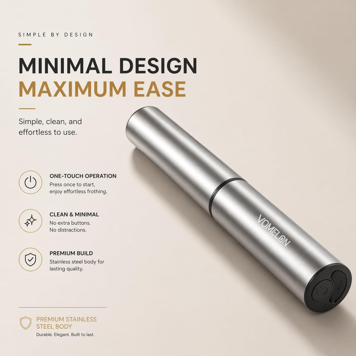 VOMELON ergonomic handle provides comfortable grip during frothing sessions