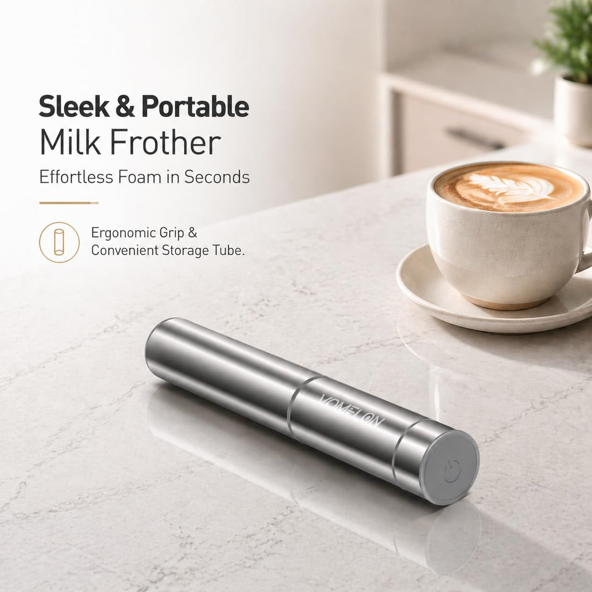 VOMELON Milk Frother battery compartment reveals AAA power, portable