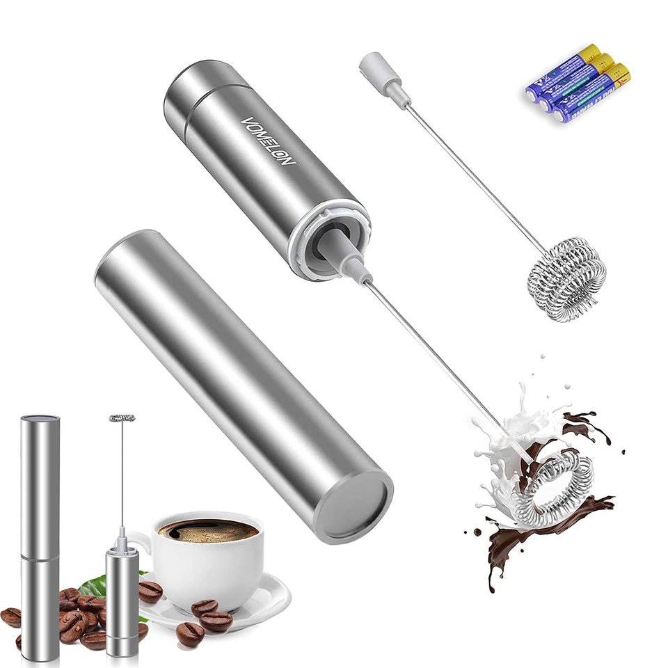 VOMELON Milk Frother handle-top view shows quick latte foam