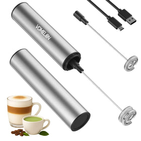 VOMELON rechargeable milk frother in action delivers fast two-speed froth for lattes