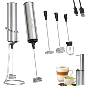 VOMELON rechargeable milk frother with stand for mess-free, easy foam preparation.