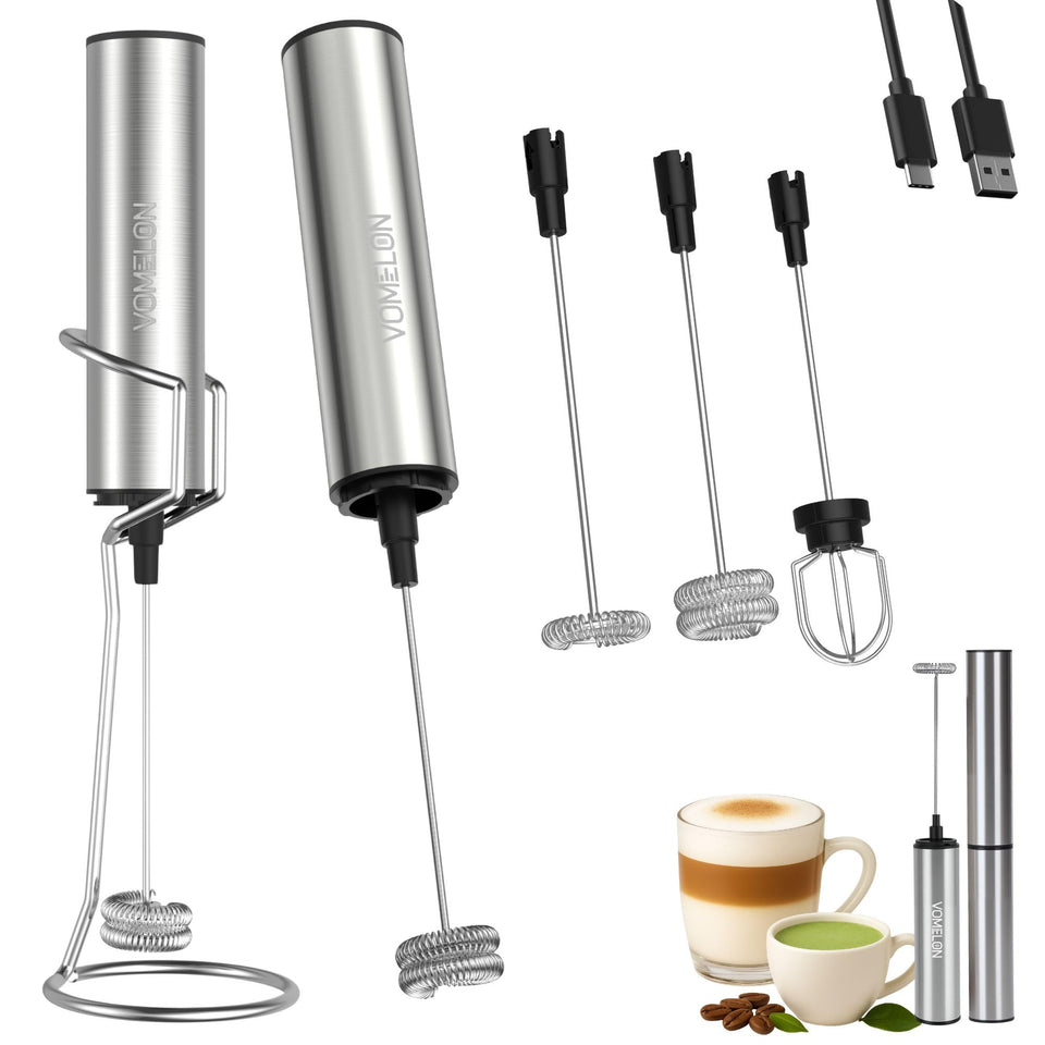 VOMELON rechargeable milk frother with stand for mess-free, easy foam preparation.
