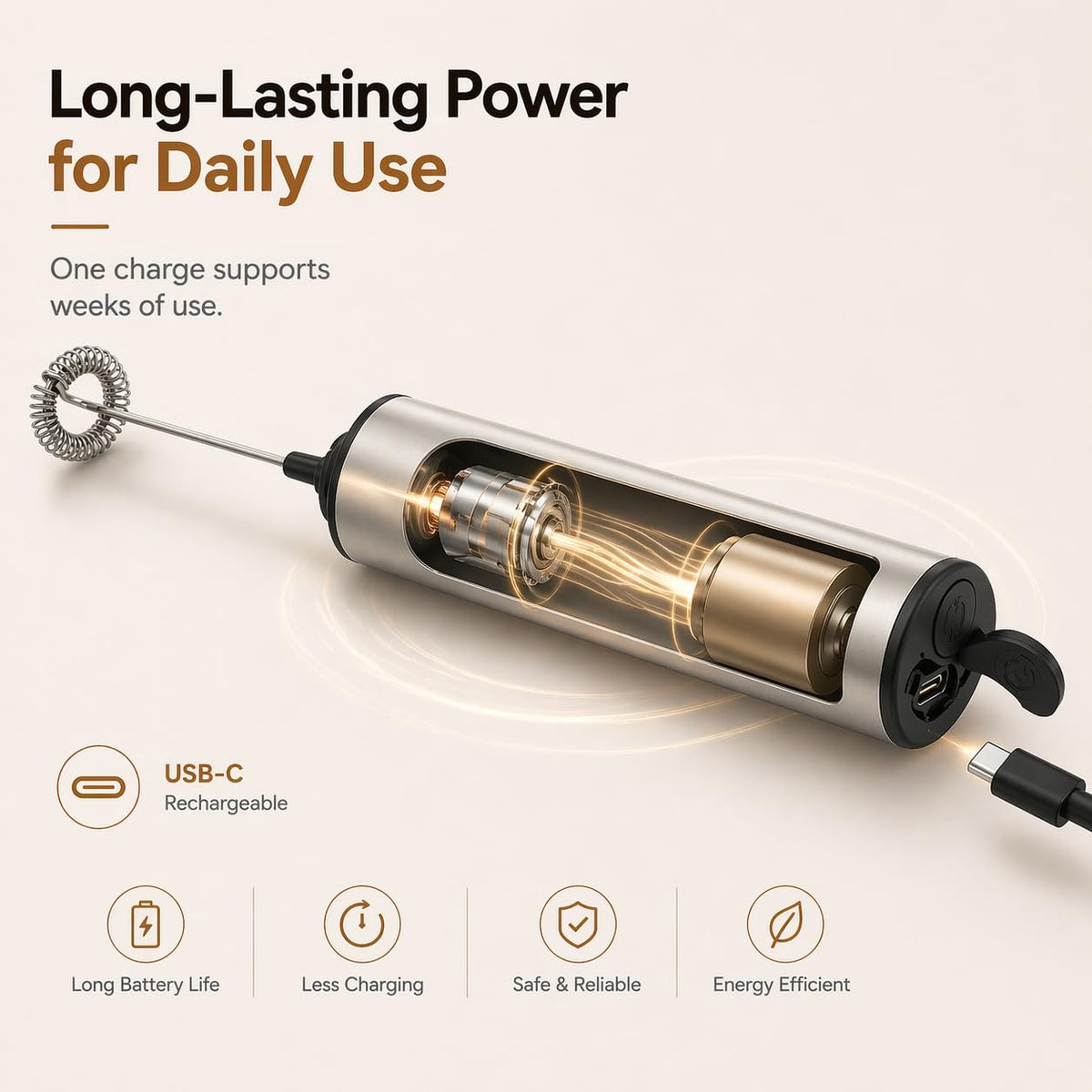 VOMELON USB-C rechargeable frother connected for quick charging and long battery life.