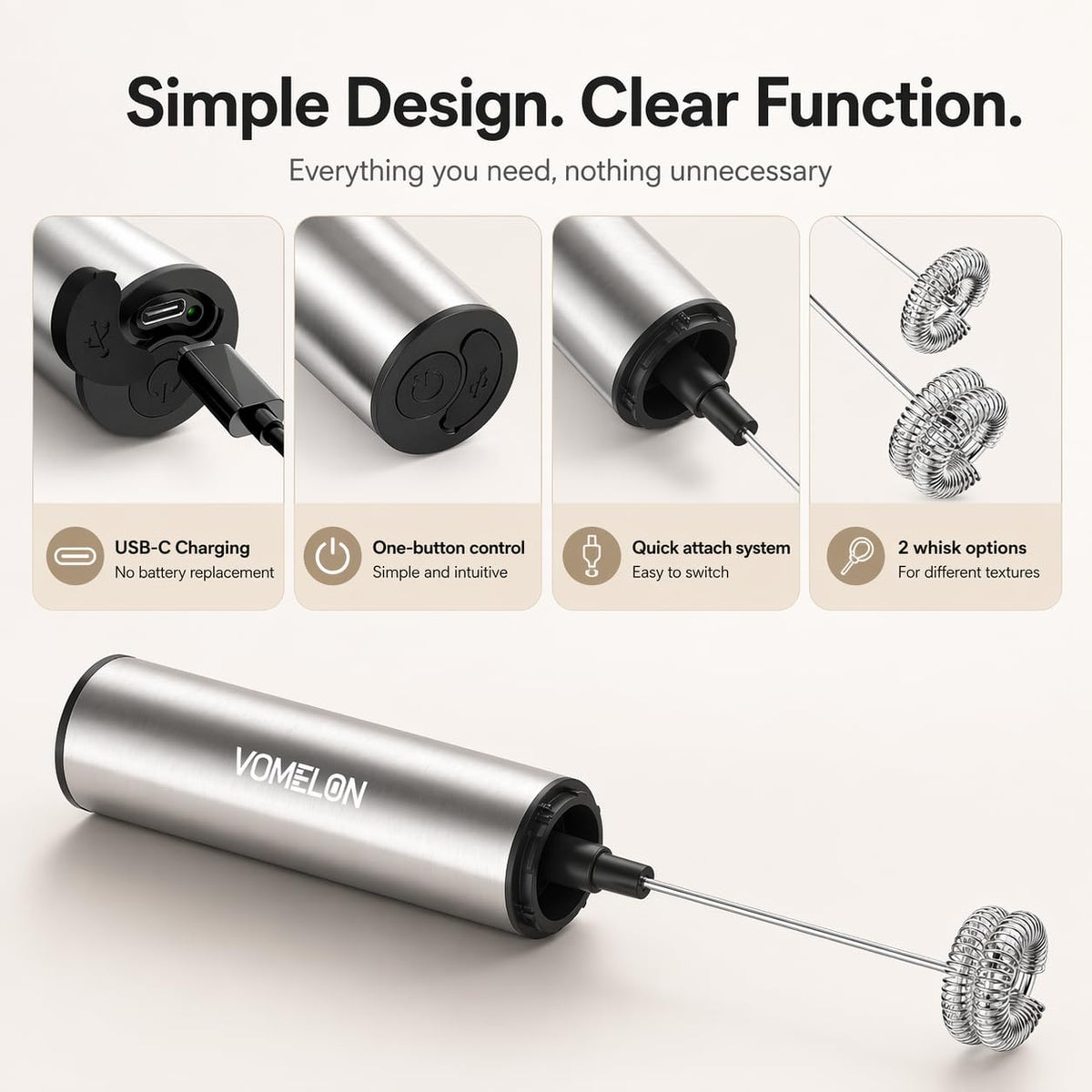 VOMELON USB rechargeable frother eliminates frequent battery changes