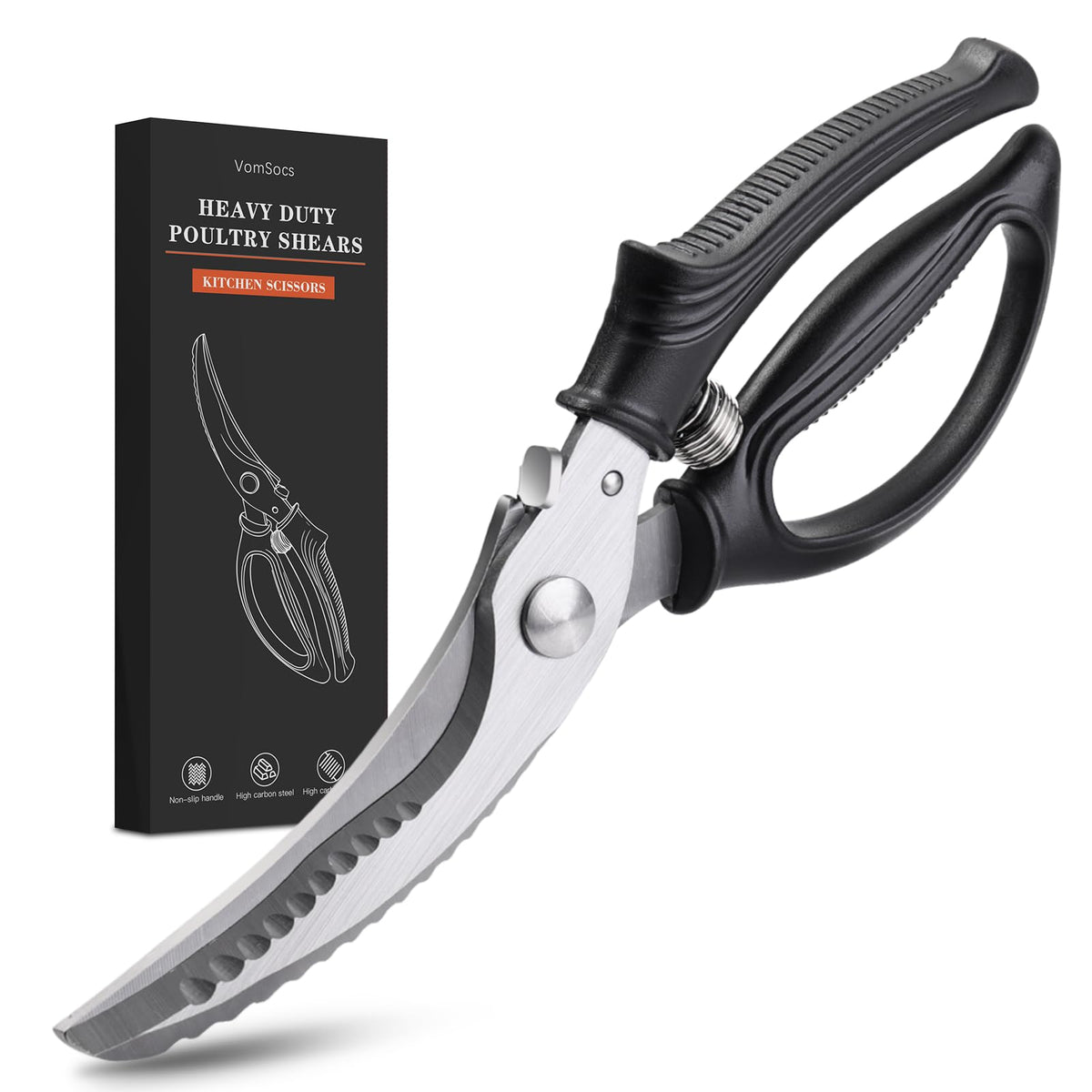 Vomsocs Poultry Shears blade close-up showing sharp durable blades for precise cuts